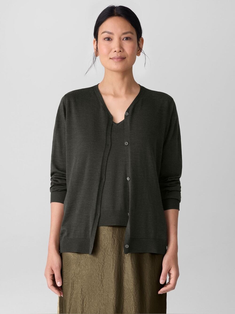 Eileen Fisher Superfine 100% Merino Wool Button Front Cardigan Sweater Black S